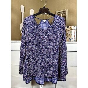 CATO Women's Sz 14/16 Navy Blue Pink White LS Top Stretchy Keyhole Neck (M)